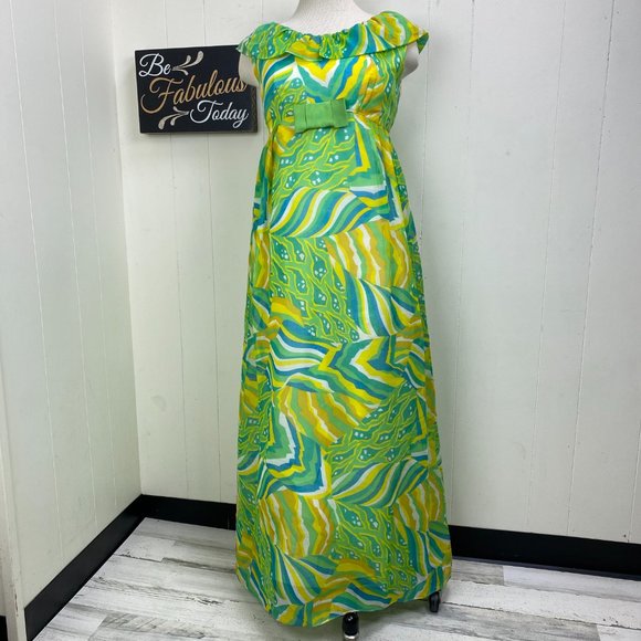 Vintage Dresses Vintage Green Yellow Blue Swirl Prom Dress Ruffle